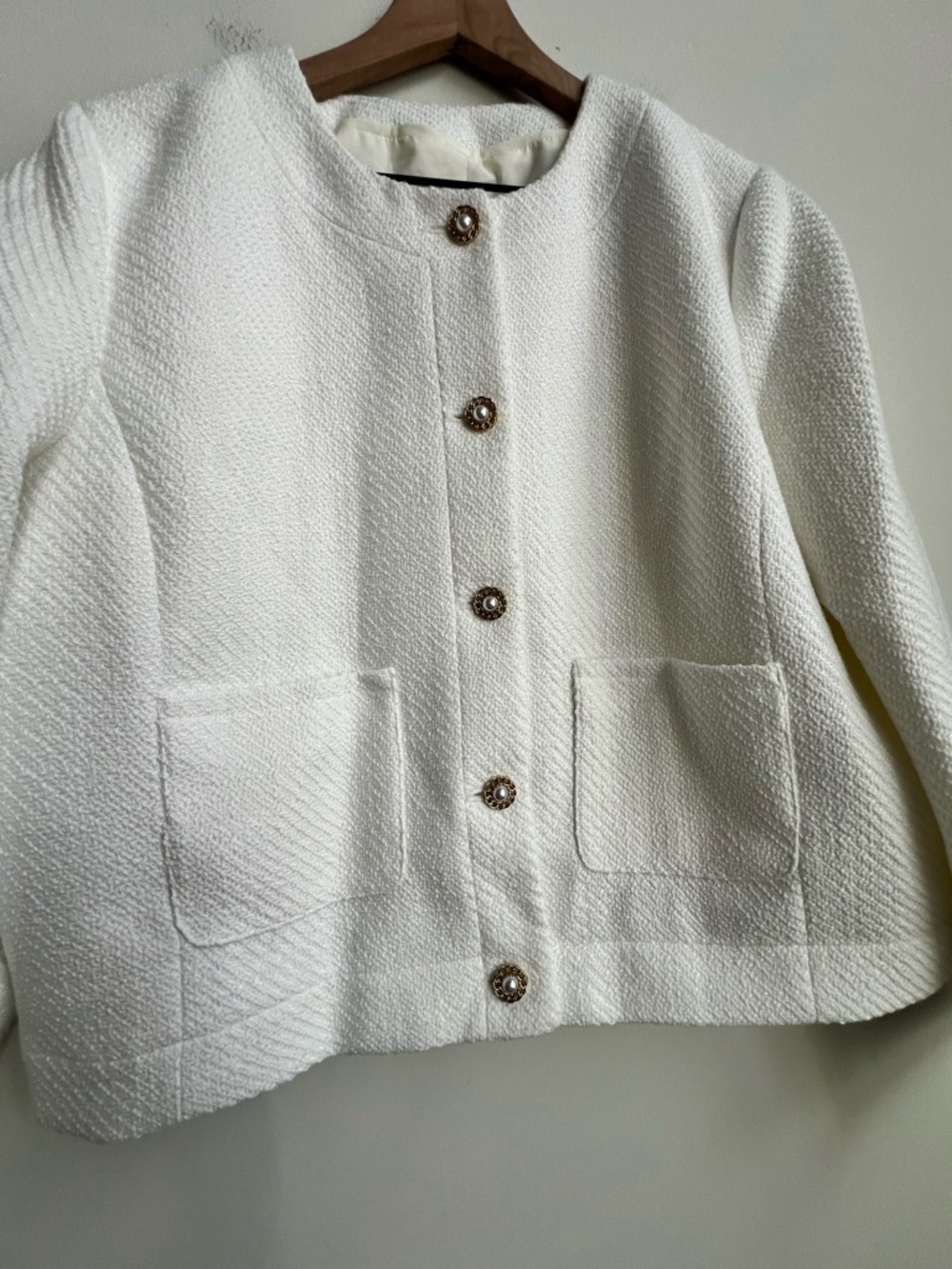 J.Crew Factory Womens Ivory Tweed Lady Jacket BW284 Preppy Pocket 16 Pearl Chain - Picture 8 of 15